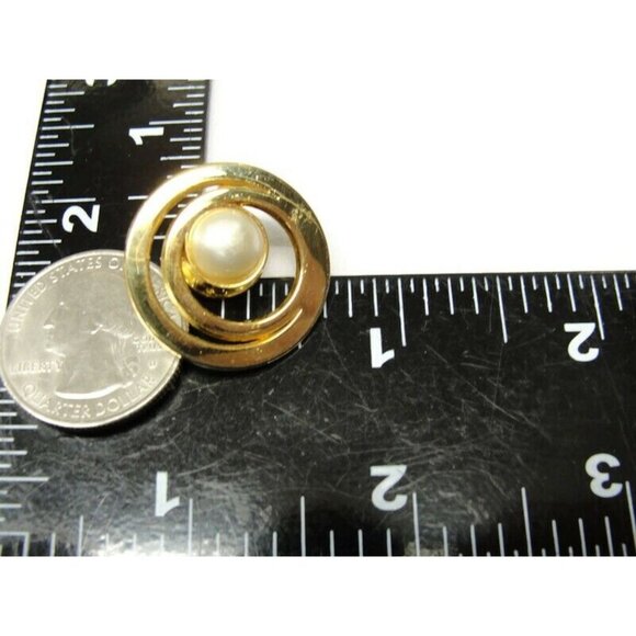 Vintage Brooch Costume Jewelry Double Ring Large Imitation Pearl Gold Tone - Picture 7 of 10